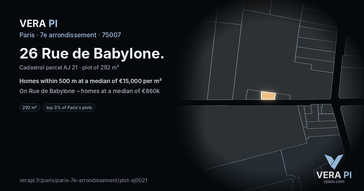 26 Rue de Babylone, 7e arrondissement at night – the plot lit, the parcels around coloured by the prices near them
