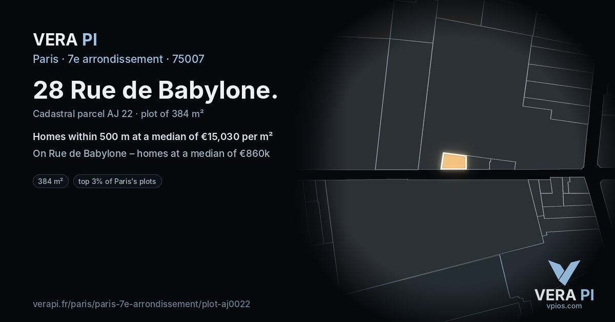 28 Rue de Babylone, 7e arrondissement at night – the plot lit, the parcels around coloured by the prices near them