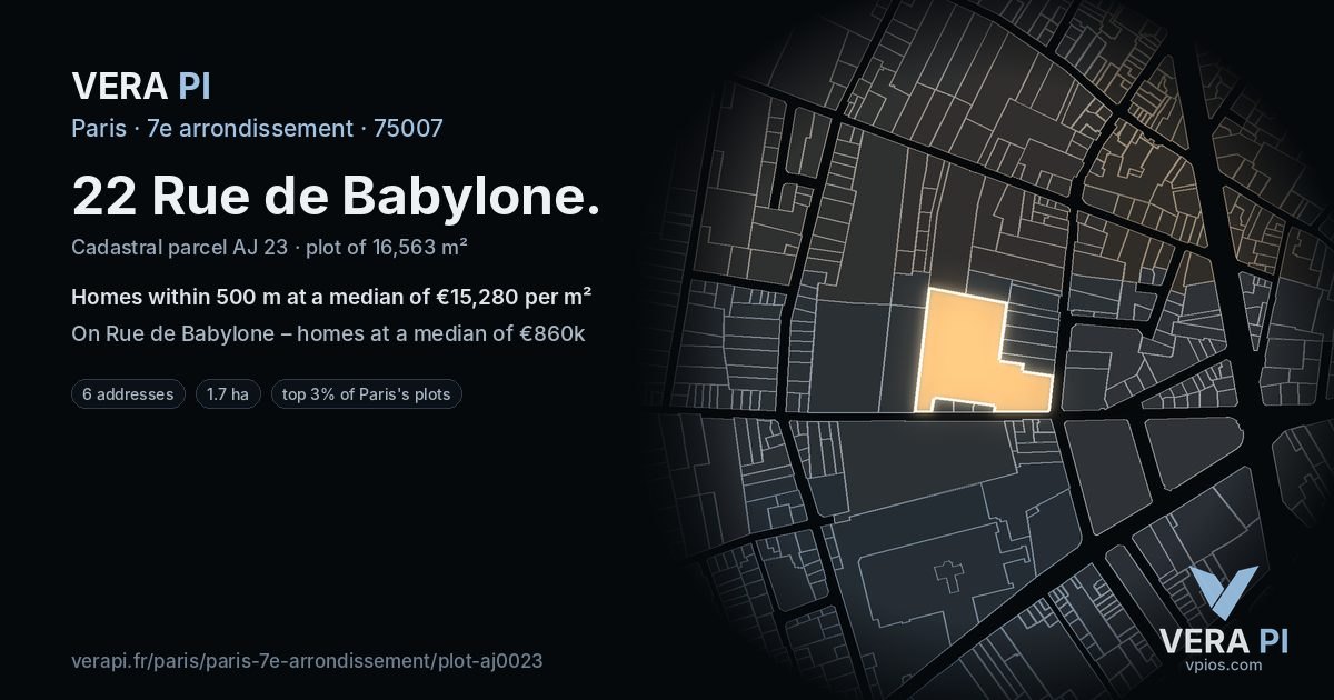 22 Rue de Babylone, 7e arrondissement at night – the plot lit, the parcels around coloured by the prices near them