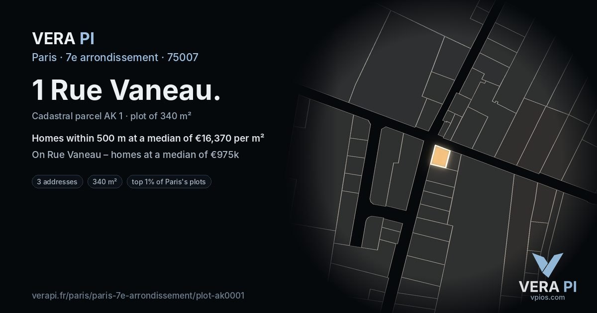 1 Rue Vaneau, 7e arrondissement at night – the plot lit, the parcels around coloured by the prices near them