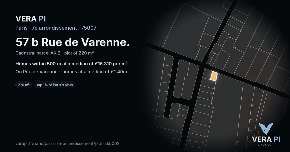 57 b Rue de Varenne, 7e arrondissement at night – the plot lit, the parcels around coloured by the prices near them