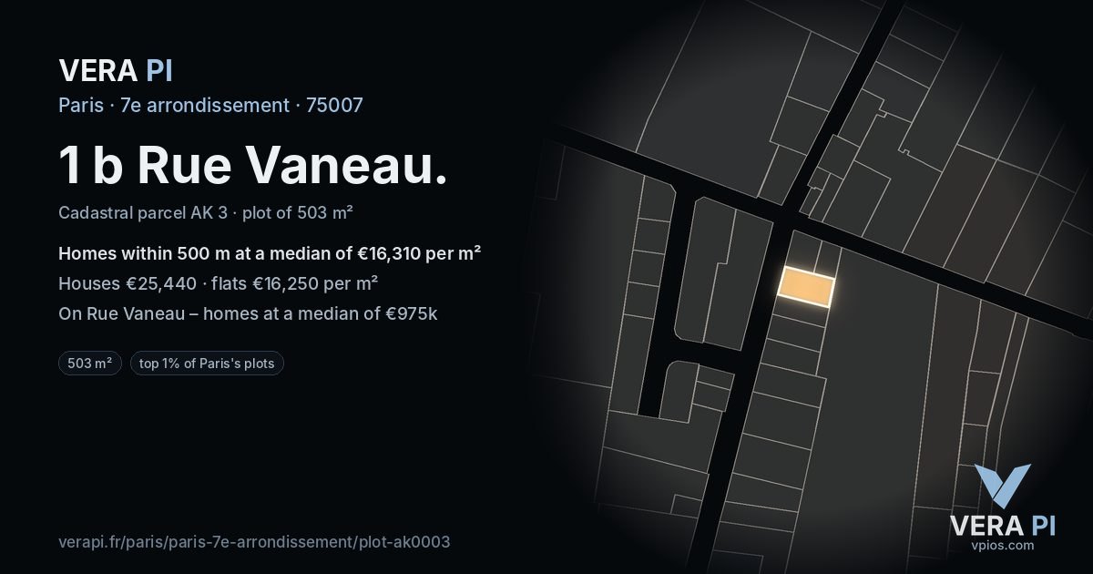 1 b Rue Vaneau, 7e arrondissement at night – the plot lit, the parcels around coloured by the prices near them