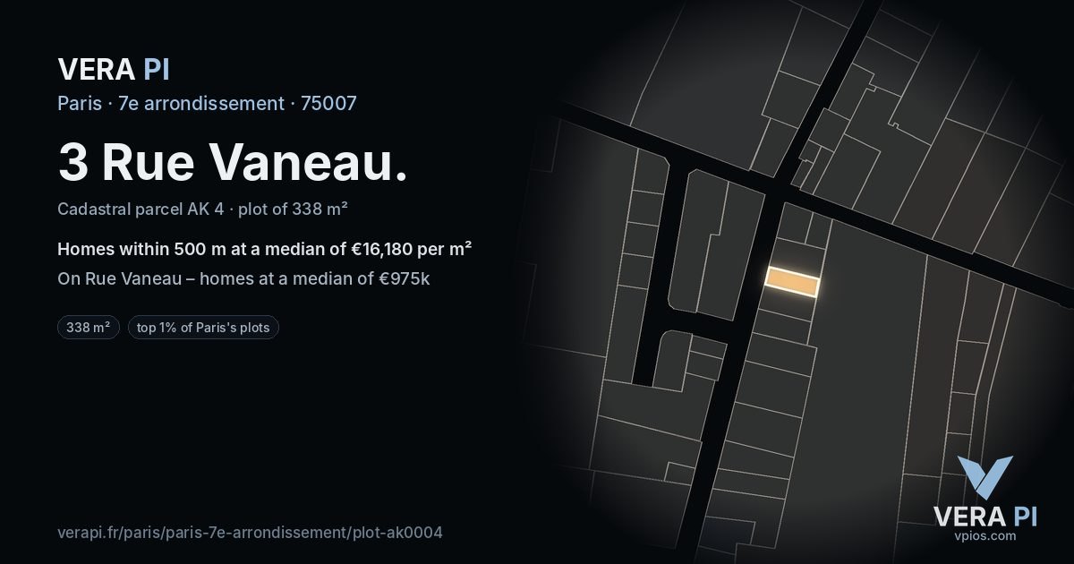 3 Rue Vaneau, 7e arrondissement at night – the plot lit, the parcels around coloured by the prices near them