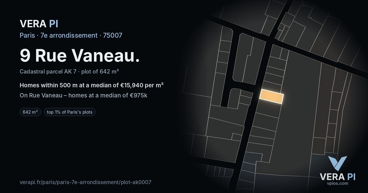 9 Rue Vaneau, 7e arrondissement at night – the plot lit, the parcels around coloured by the prices near them