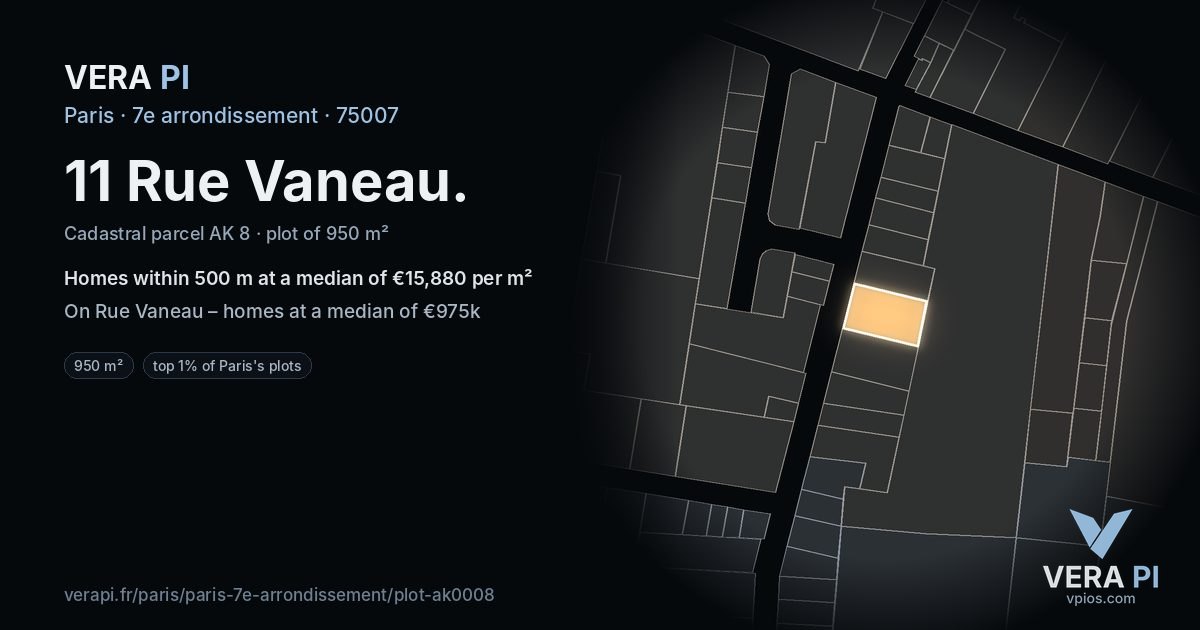 11 Rue Vaneau, 7e arrondissement at night – the plot lit, the parcels around coloured by the prices near them