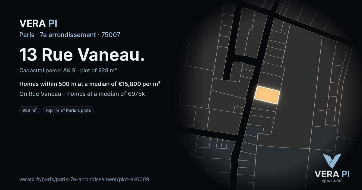 13 Rue Vaneau, 7e arrondissement at night – the plot lit, the parcels around coloured by the prices near them