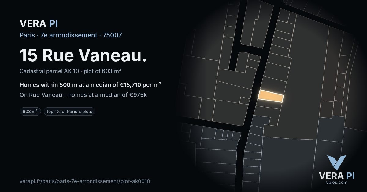 15 Rue Vaneau, 7e arrondissement at night – the plot lit, the parcels around coloured by the prices near them
