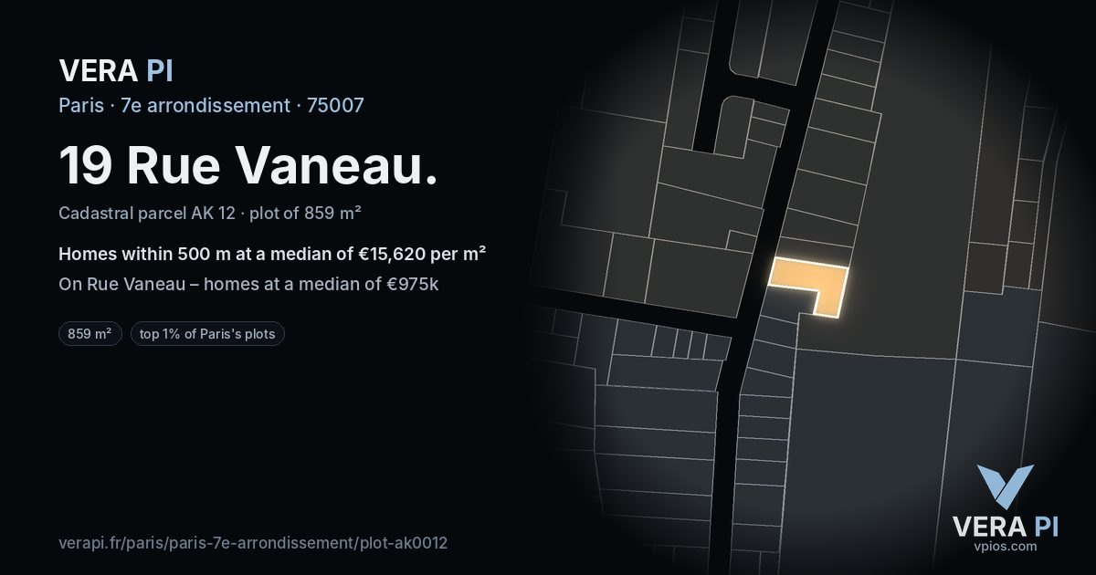 19 Rue Vaneau, 7e arrondissement at night – the plot lit, the parcels around coloured by the prices near them