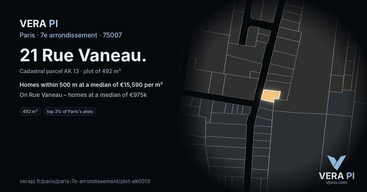 21 Rue Vaneau, 7e arrondissement at night – the plot lit, the parcels around coloured by the prices near them