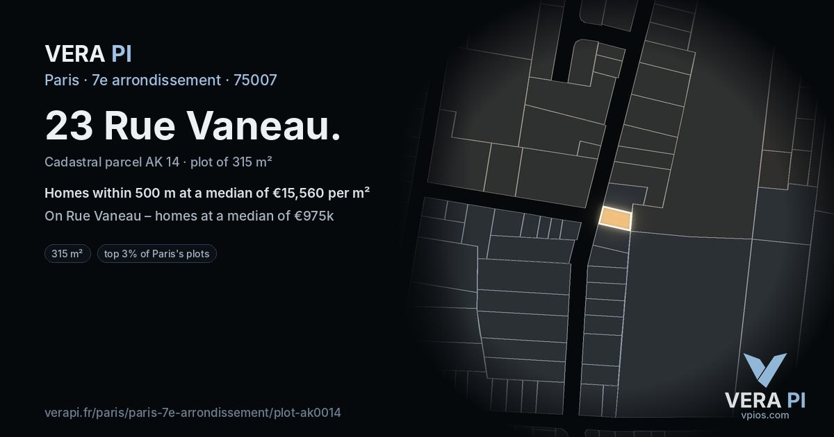 23 Rue Vaneau, 7e arrondissement at night – the plot lit, the parcels around coloured by the prices near them