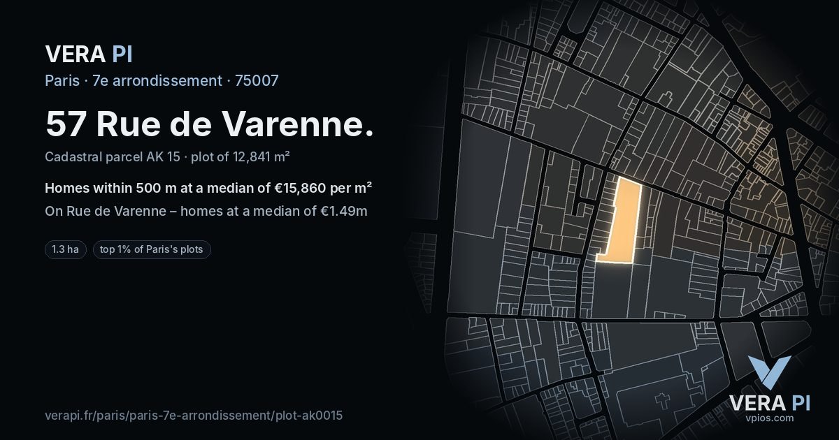 57 Rue de Varenne, 7e arrondissement at night – the plot lit, the parcels around coloured by the prices near them