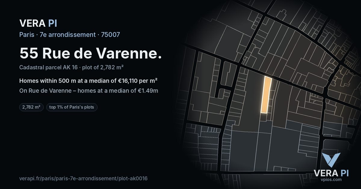 55 Rue de Varenne, 7e arrondissement at night – the plot lit, the parcels around coloured by the prices near them