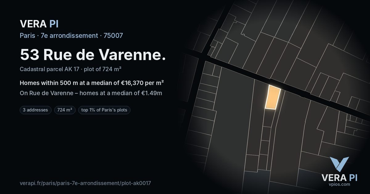53 Rue de Varenne, 7e arrondissement at night – the plot lit, the parcels around coloured by the prices near them
