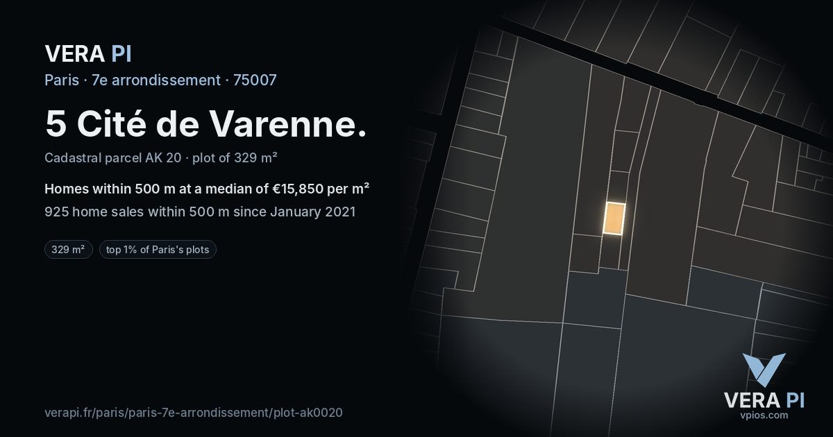 5 Cité de Varenne, 7e arrondissement at night – the plot lit, the parcels around coloured by the prices near them