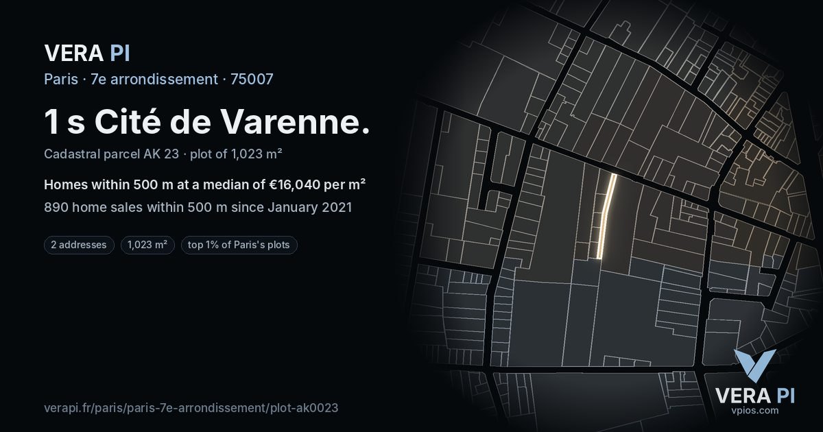 1 s Cité de Varenne, 7e arrondissement at night – the plot lit, the parcels around coloured by the prices near them