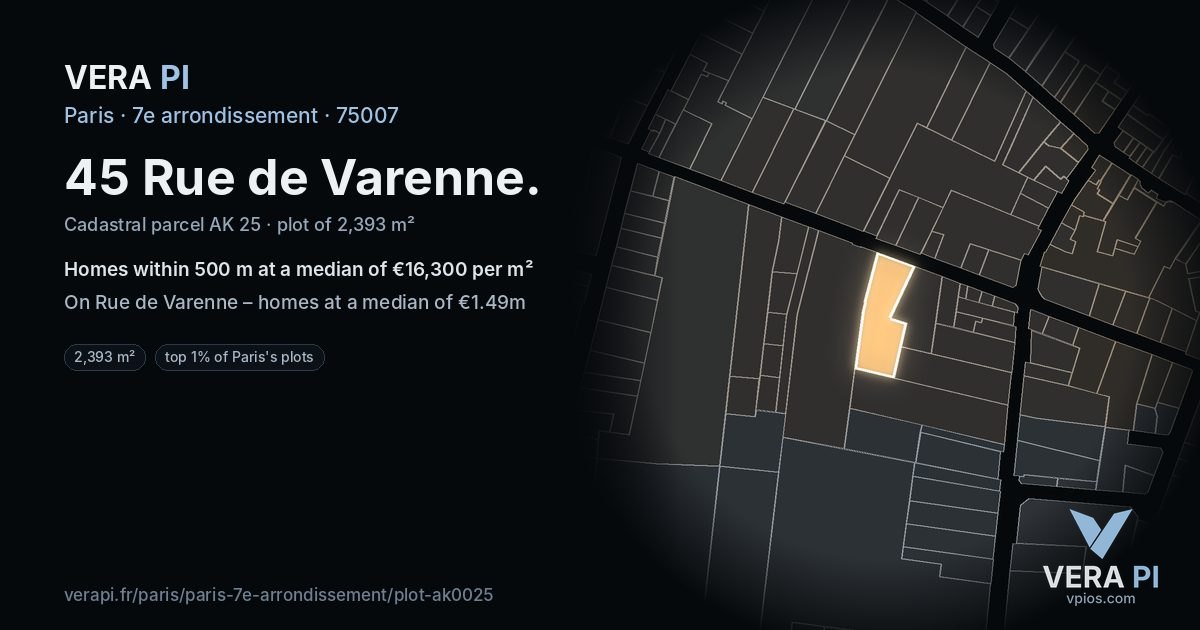 45 Rue de Varenne, 7e arrondissement at night – the plot lit, the parcels around coloured by the prices near them