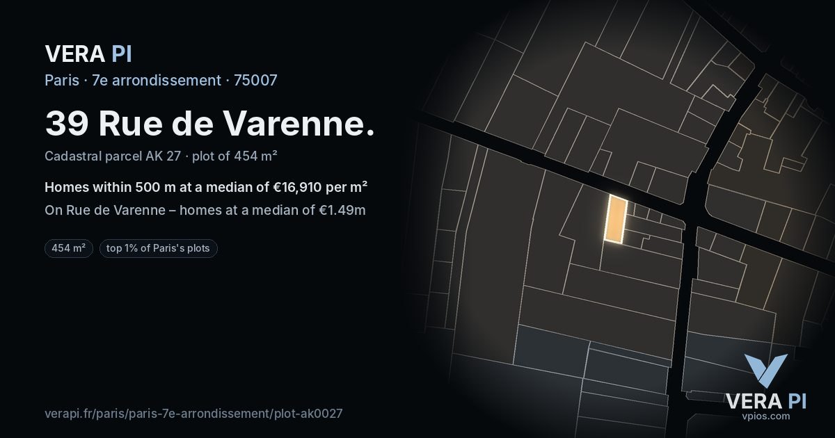 39 Rue de Varenne, 7e arrondissement at night – the plot lit, the parcels around coloured by the prices near them