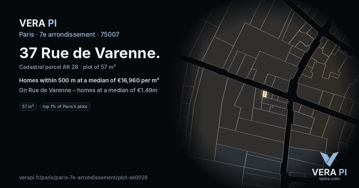 37 Rue de Varenne, 7e arrondissement at night – the plot lit, the parcels around coloured by the prices near them