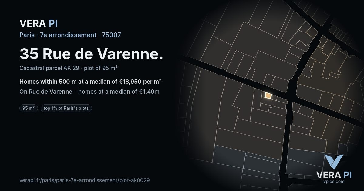 35 Rue de Varenne, 7e arrondissement at night – the plot lit, the parcels around coloured by the prices near them