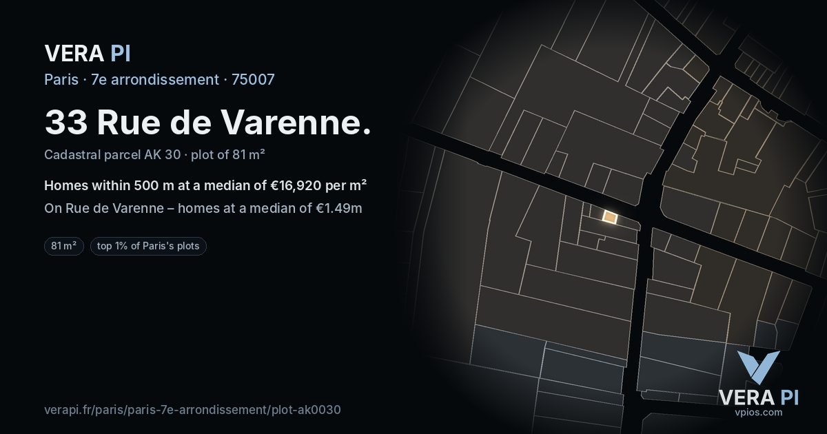 33 Rue de Varenne, 7e arrondissement at night – the plot lit, the parcels around coloured by the prices near them