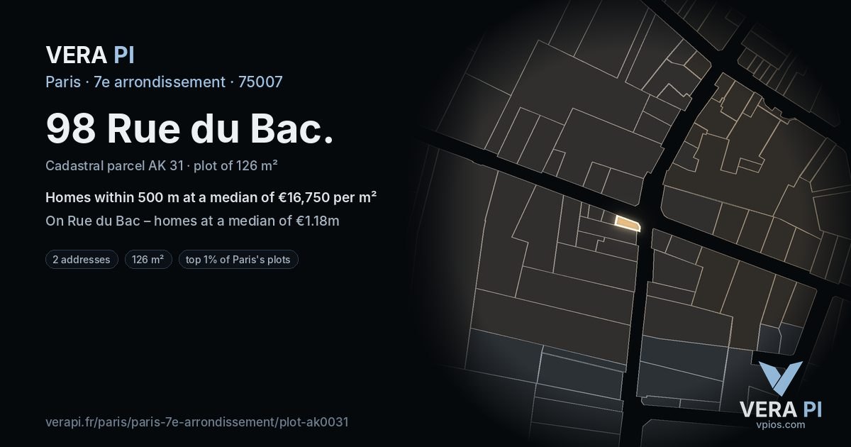98 Rue du Bac, 7e arrondissement at night – the plot lit, the parcels around coloured by the prices near them