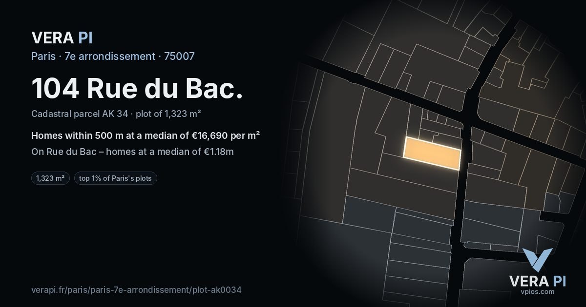 104 Rue du Bac, 7e arrondissement at night – the plot lit, the parcels around coloured by the prices near them