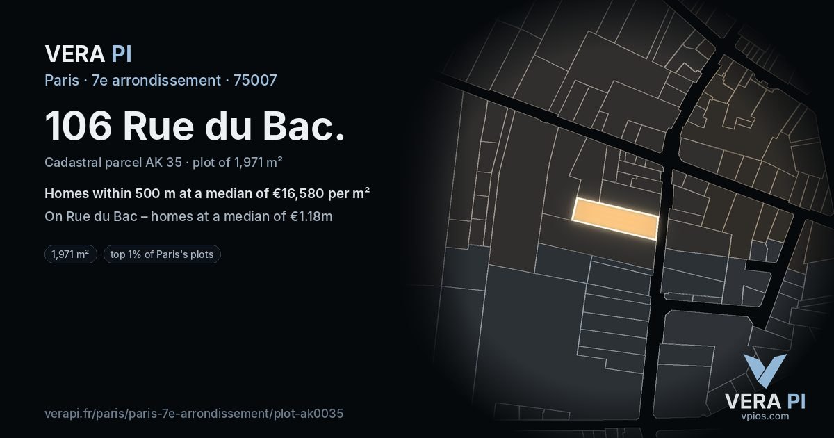 106 Rue du Bac, 7e arrondissement at night – the plot lit, the parcels around coloured by the prices near them