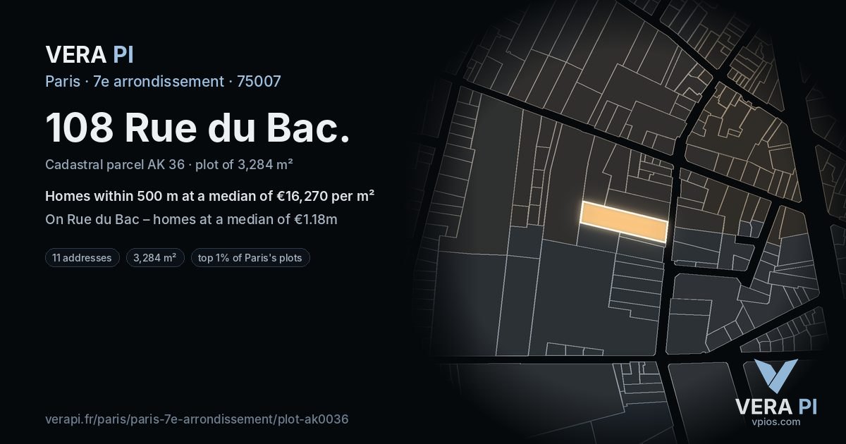 108 Rue du Bac, 7e arrondissement at night – the plot lit, the parcels around coloured by the prices near them