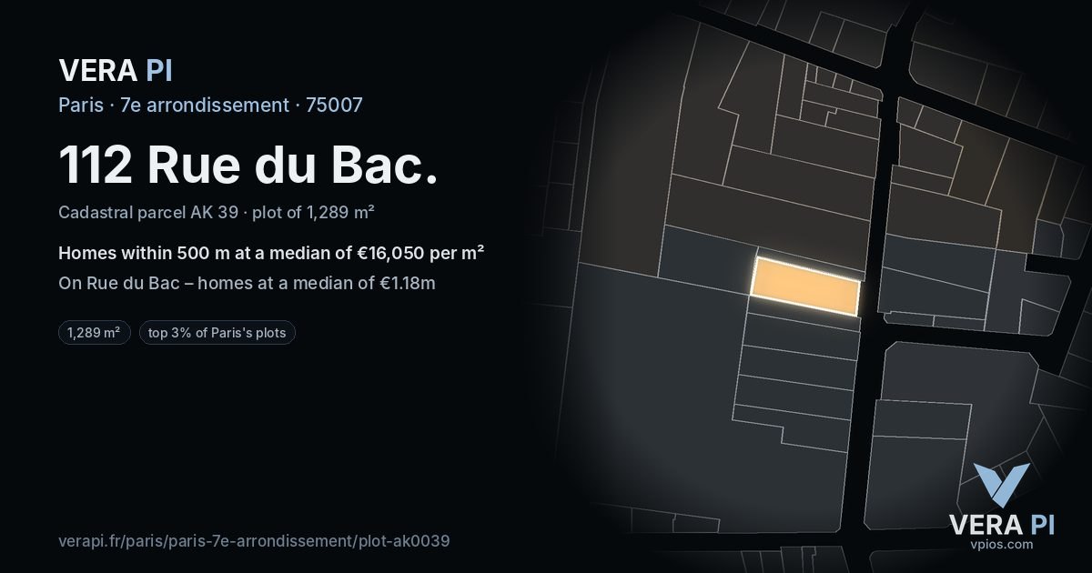 112 Rue du Bac, 7e arrondissement at night – the plot lit, the parcels around coloured by the prices near them