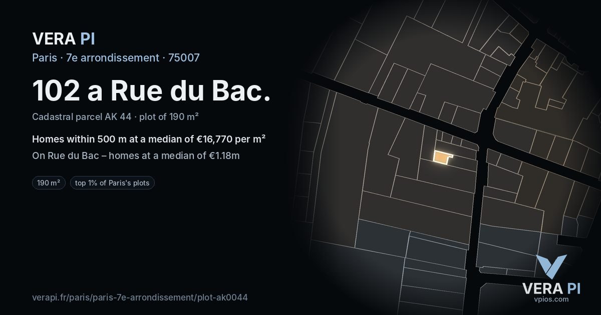 102 a Rue du Bac, 7e arrondissement at night – the plot lit, the parcels around coloured by the prices near them