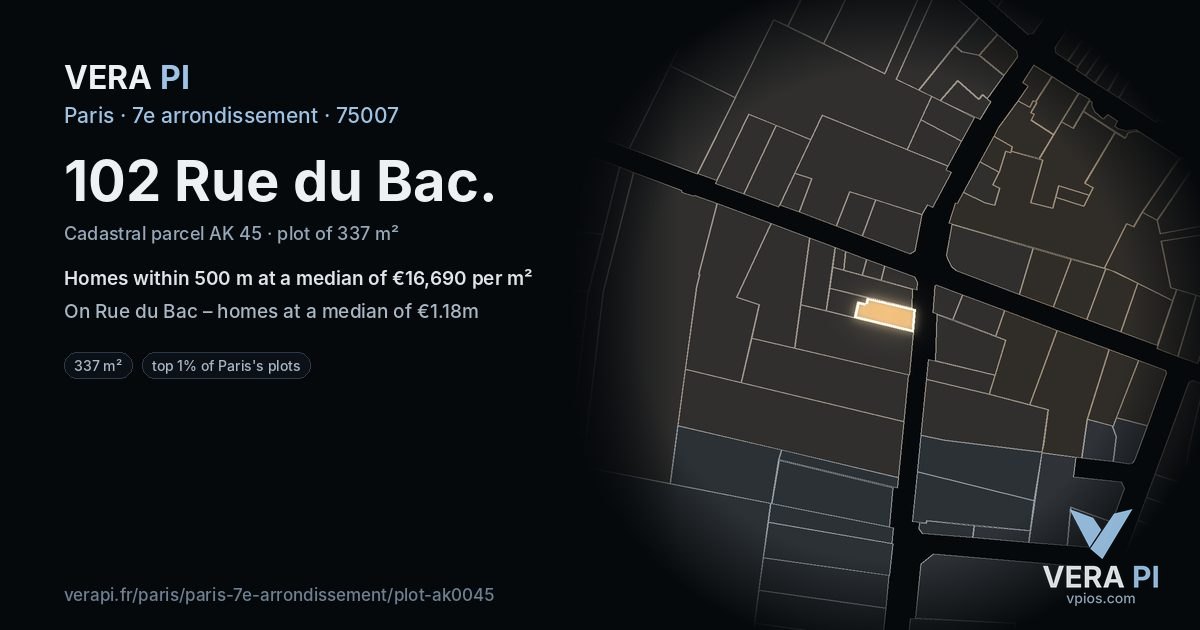 102 Rue du Bac, 7e arrondissement at night – the plot lit, the parcels around coloured by the prices near them