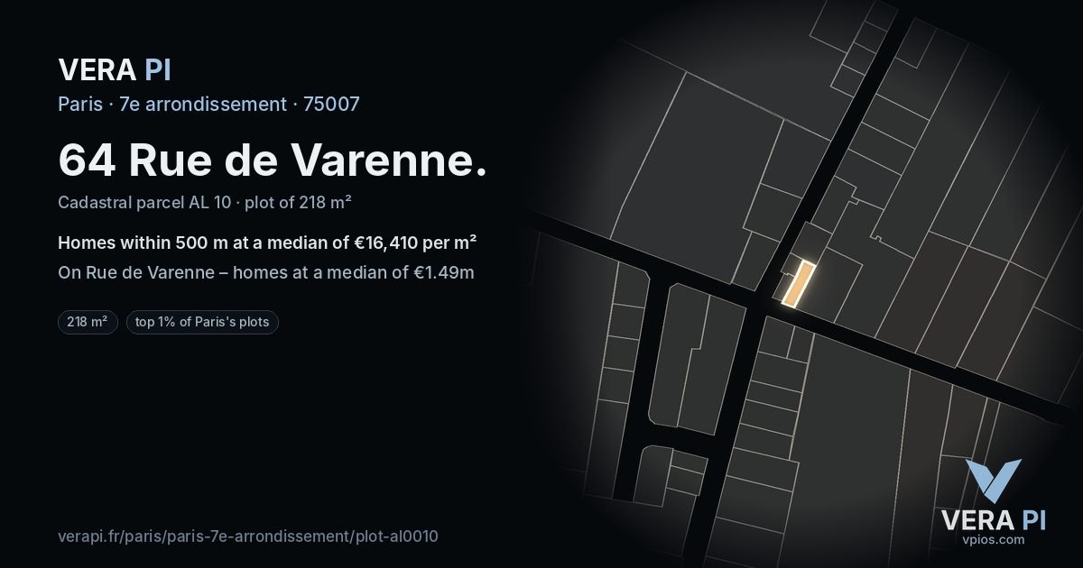 64 Rue de Varenne, 7e arrondissement at night – the plot lit, the parcels around coloured by the prices near them