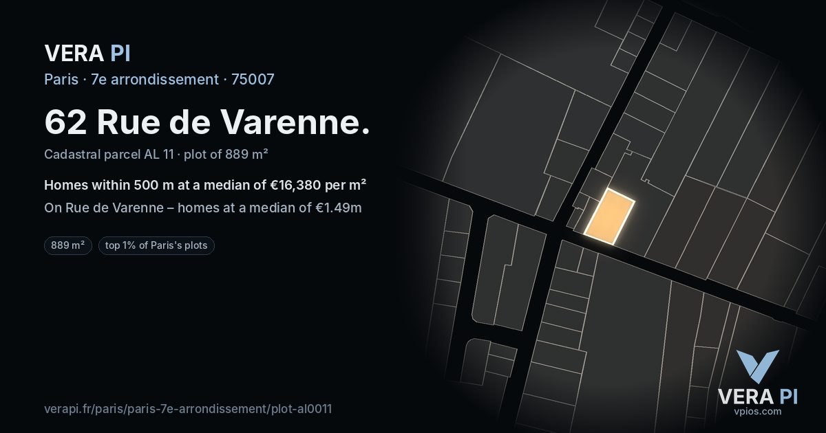 62 Rue de Varenne, 7e arrondissement at night – the plot lit, the parcels around coloured by the prices near them