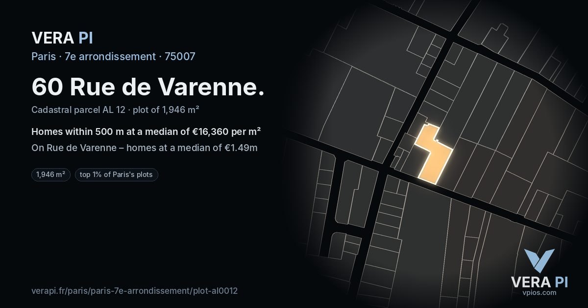 60 Rue de Varenne, 7e arrondissement at night – the plot lit, the parcels around coloured by the prices near them