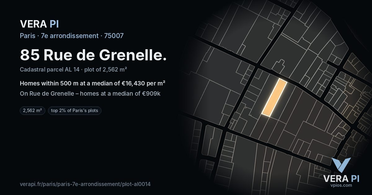 85 Rue de Grenelle, 7e arrondissement at night – the plot lit, the parcels around coloured by the prices near them