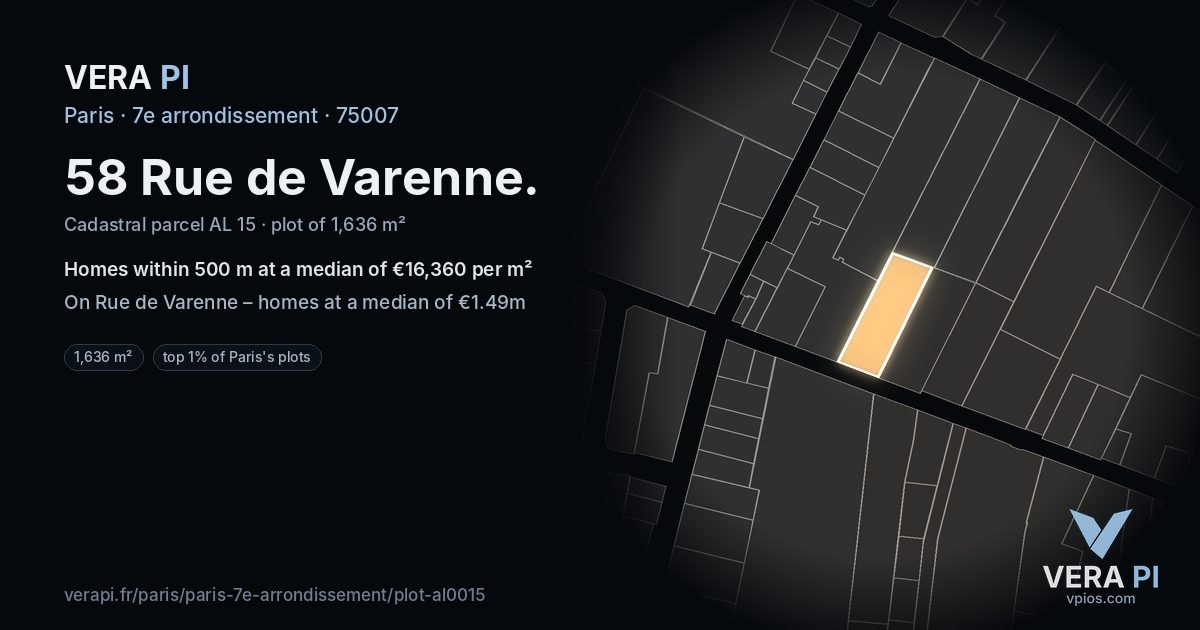 58 Rue de Varenne, 7e arrondissement at night – the plot lit, the parcels around coloured by the prices near them