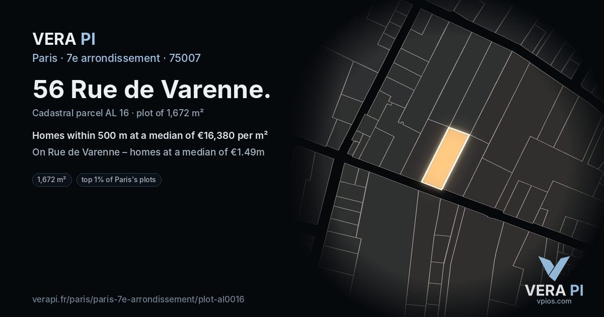 56 Rue de Varenne, 7e arrondissement at night – the plot lit, the parcels around coloured by the prices near them