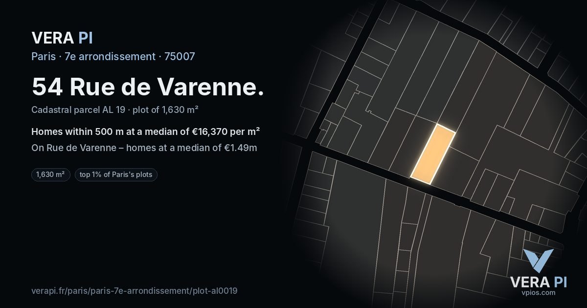 54 Rue de Varenne, 7e arrondissement at night – the plot lit, the parcels around coloured by the prices near them