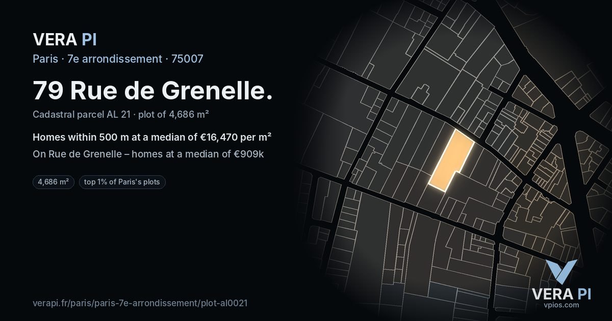 79 Rue de Grenelle, 7e arrondissement at night – the plot lit, the parcels around coloured by the prices near them