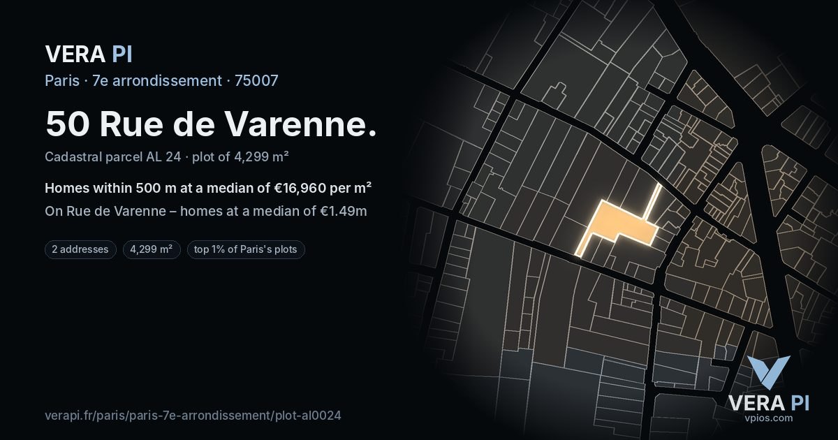 50 Rue de Varenne, 7e arrondissement at night – the plot lit, the parcels around coloured by the prices near them