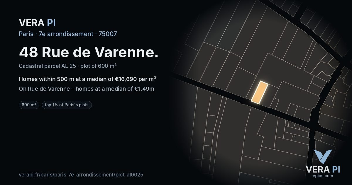 48 Rue de Varenne, 7e arrondissement at night – the plot lit, the parcels around coloured by the prices near them