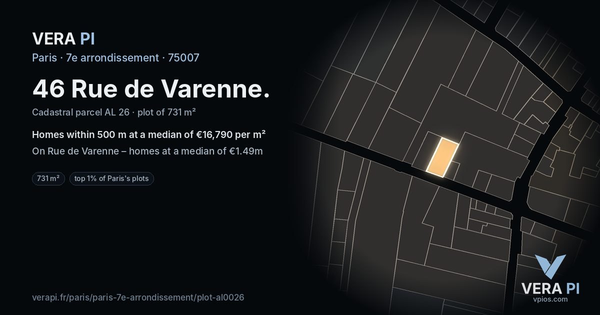 46 Rue de Varenne, 7e arrondissement at night – the plot lit, the parcels around coloured by the prices near them