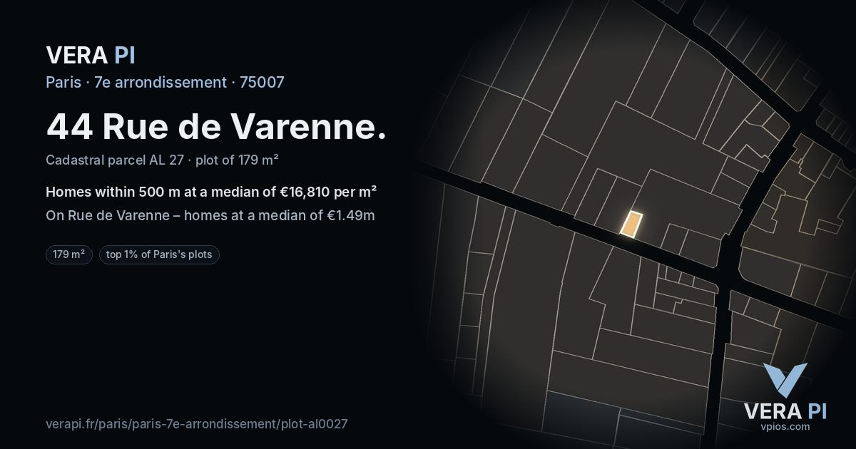 44 Rue de Varenne, 7e arrondissement at night – the plot lit, the parcels around coloured by the prices near them