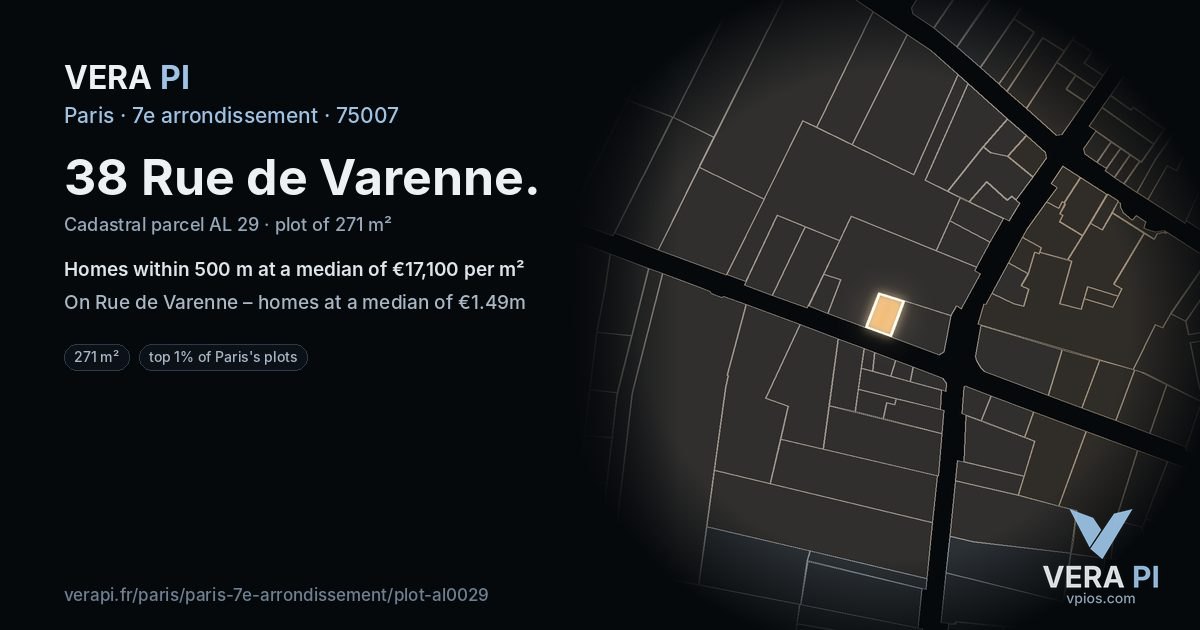 38 Rue de Varenne, 7e arrondissement at night – the plot lit, the parcels around coloured by the prices near them