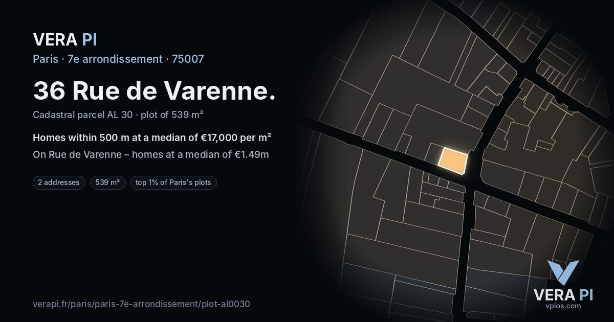 36 Rue de Varenne, 7e arrondissement at night – the plot lit, the parcels around coloured by the prices near them