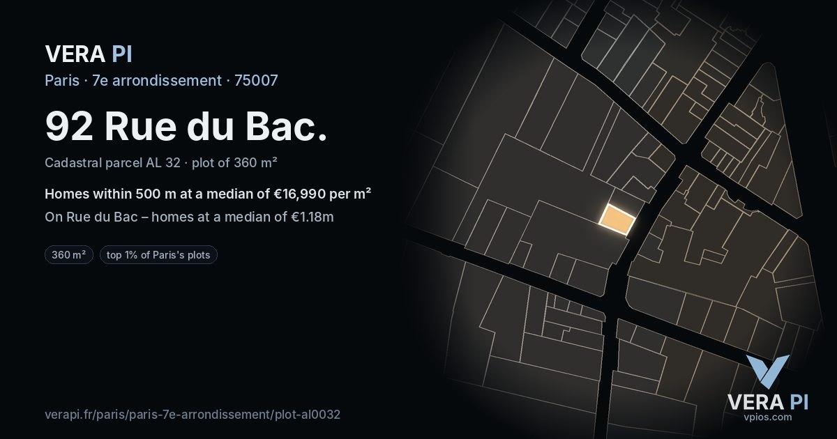 92 Rue du Bac, 7e arrondissement at night – the plot lit, the parcels around coloured by the prices near them