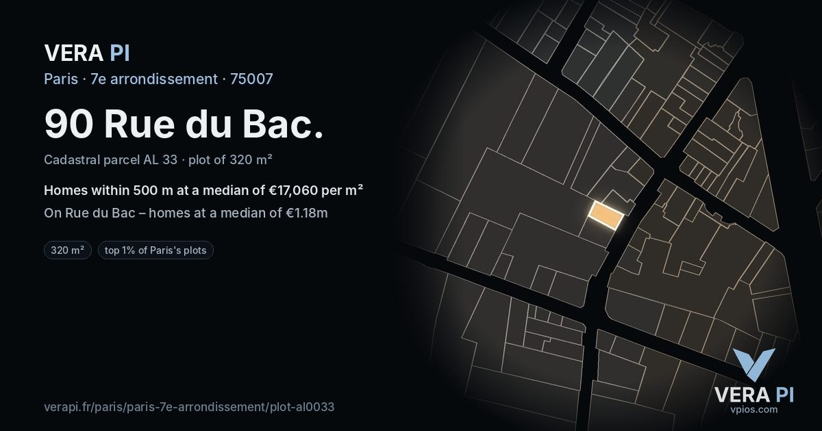 90 Rue du Bac, 7e arrondissement at night – the plot lit, the parcels around coloured by the prices near them
