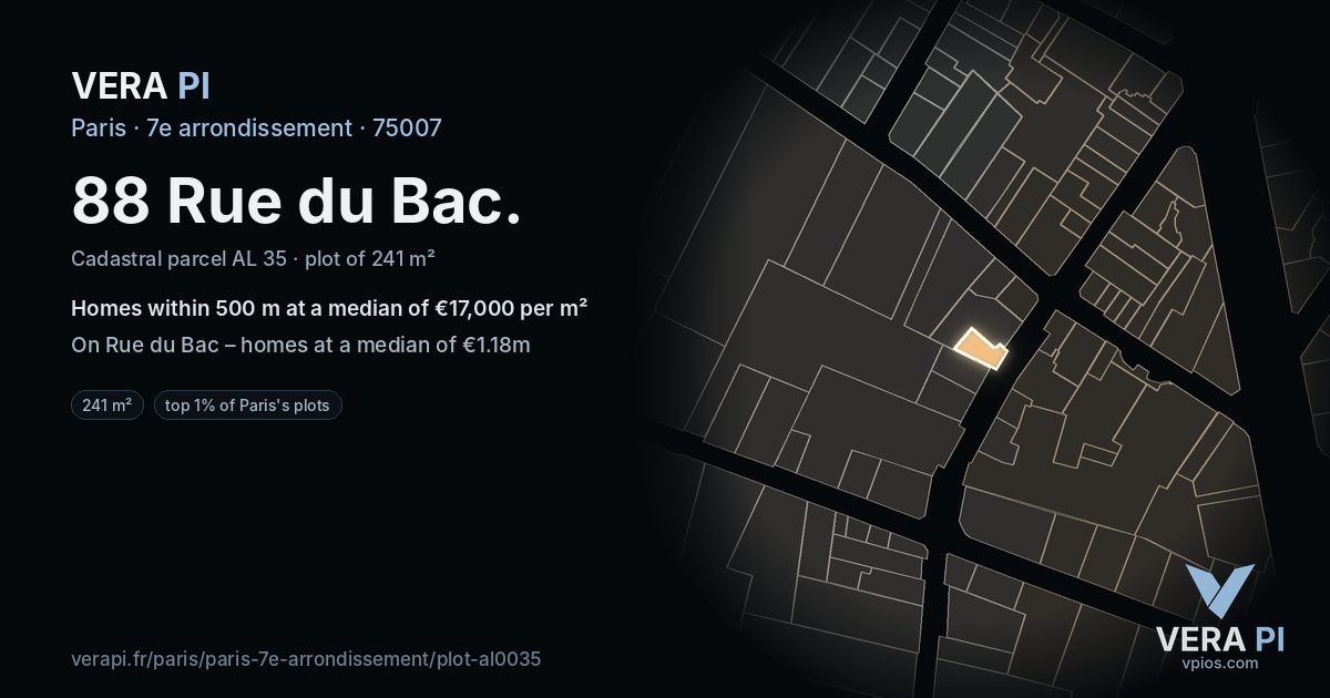 88 Rue du Bac, 7e arrondissement at night – the plot lit, the parcels around coloured by the prices near them