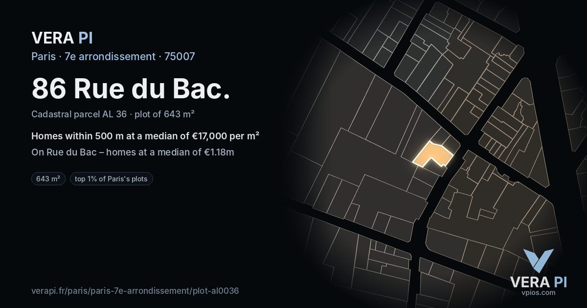 86 Rue du Bac, 7e arrondissement at night – the plot lit, the parcels around coloured by the prices near them