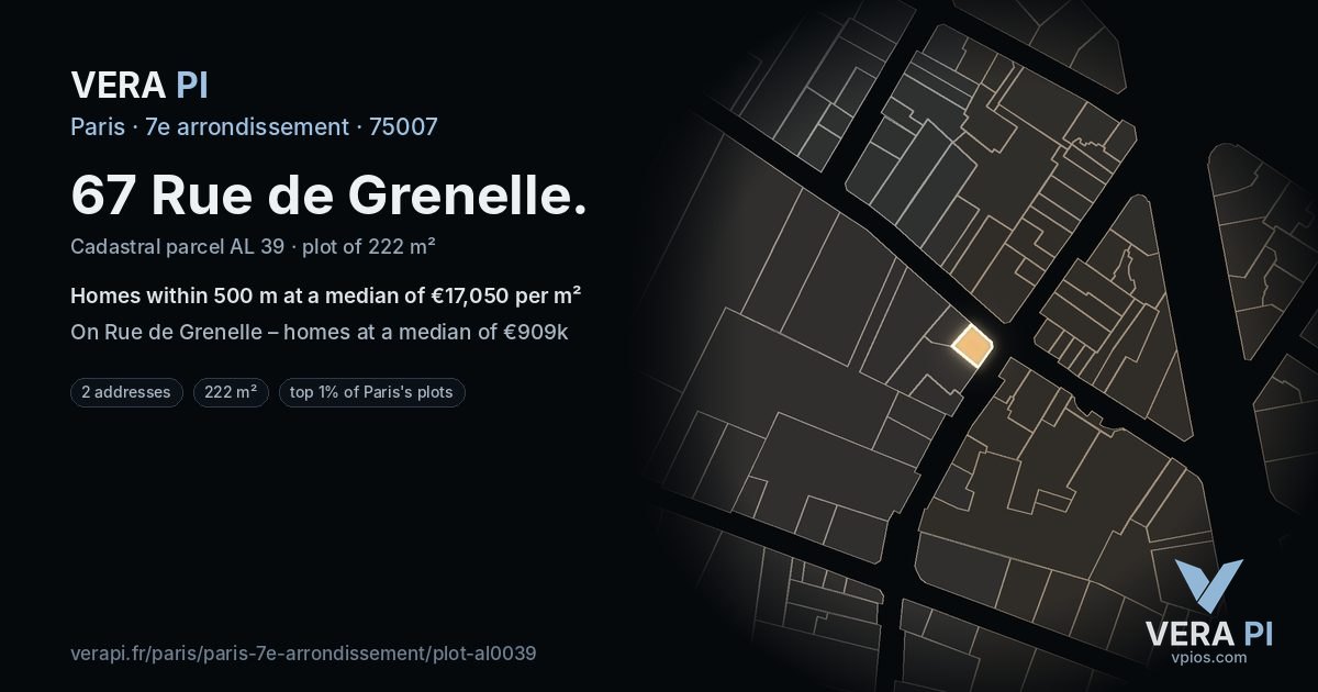 67 Rue de Grenelle, 7e arrondissement at night – the plot lit, the parcels around coloured by the prices near them